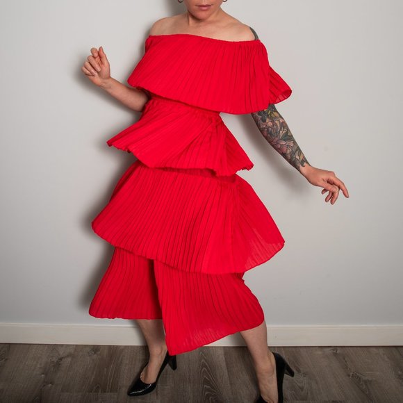 Tiered Red Pleated Off-the-Shoulder Dress - Picture 1 of 10